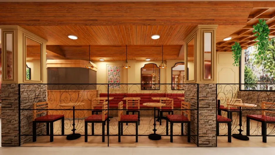 Salón de D'Rose con bancas rojas, techo de madera y barandas de hierro forjado